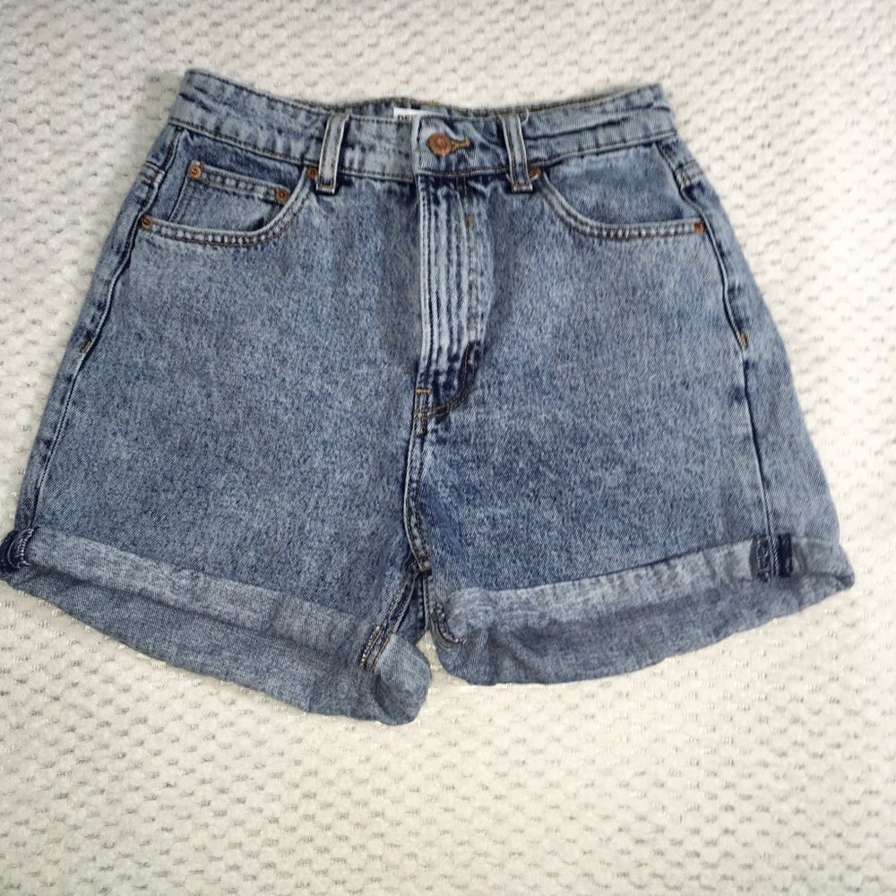 Bershka Denim High Rise Denim Shorts Blue Size 4 Acid Wash